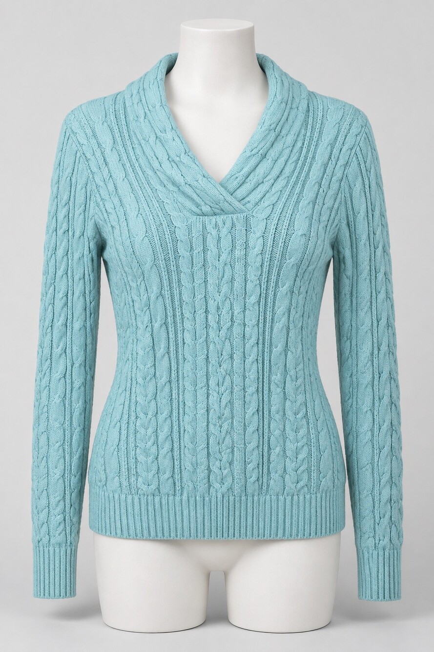 Light Blue Cable Knit V-Neck Sweater Long Sleeve